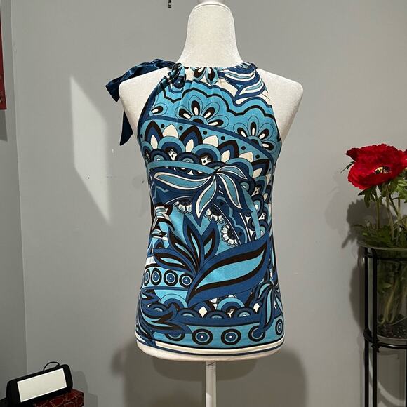 NEW Ann Taylor Silk Multicolor Geometric Floral Bow Tie Career Layering Top XS - Picture 3 of 16